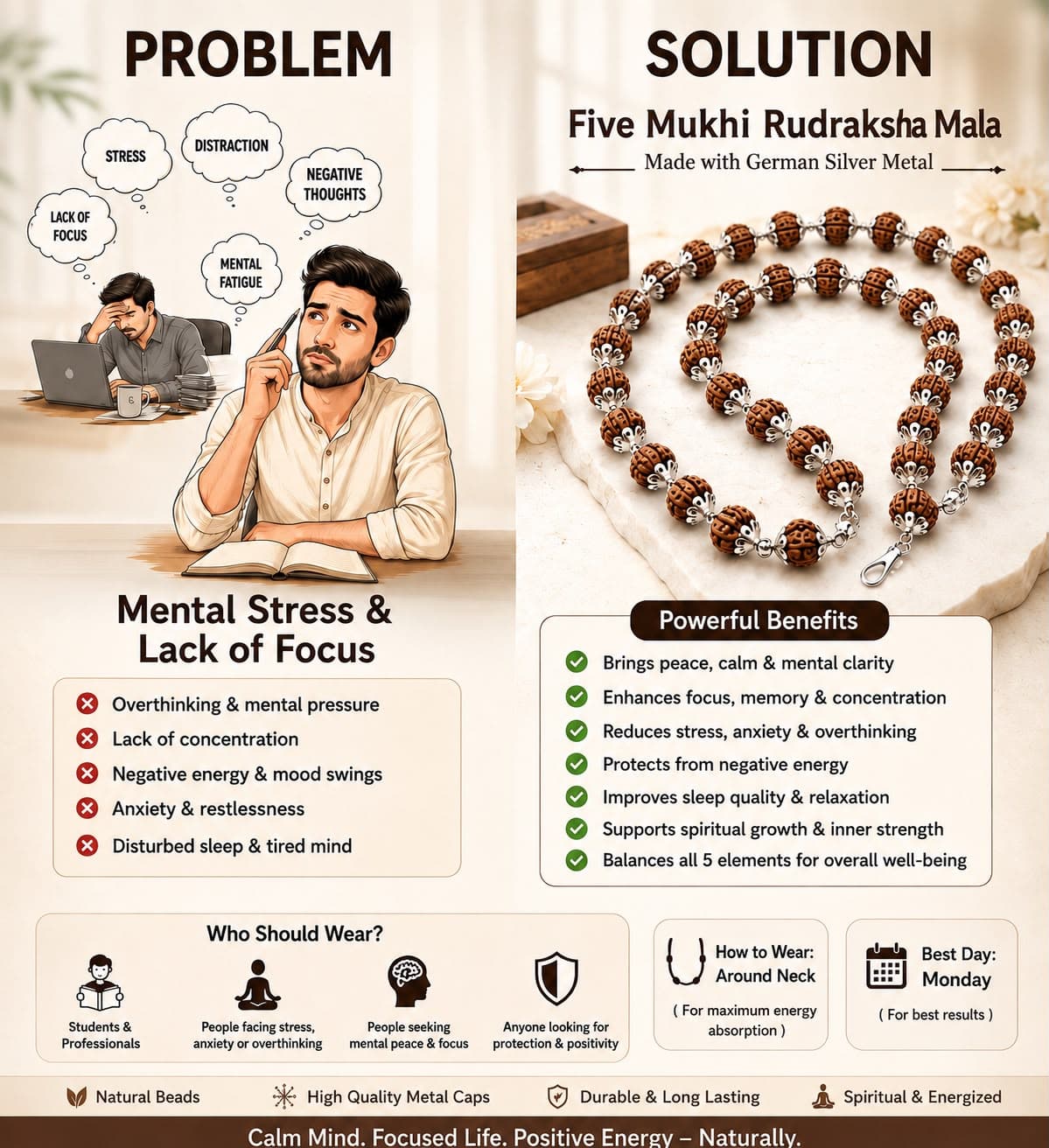 Five Mukhi Rudraksha Mala (German Silver)