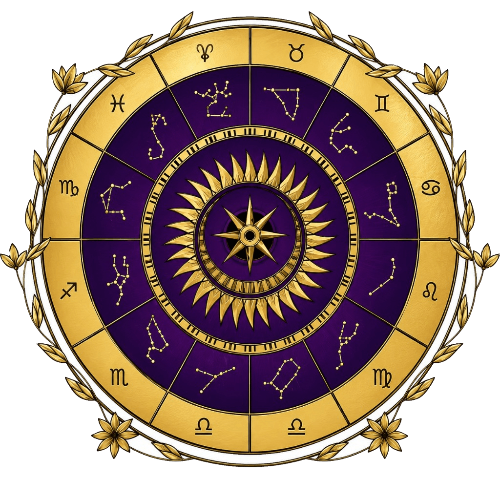 Ornate gold zodiac and numerology wheel