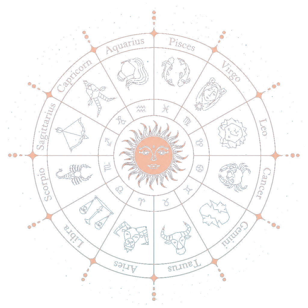 Ornate rose-gold zodiac wheel illustration with central sun face